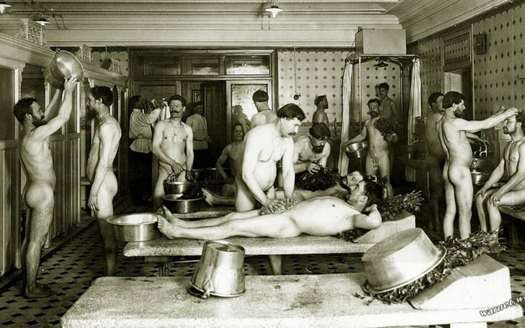 Naked men without panties in a bath